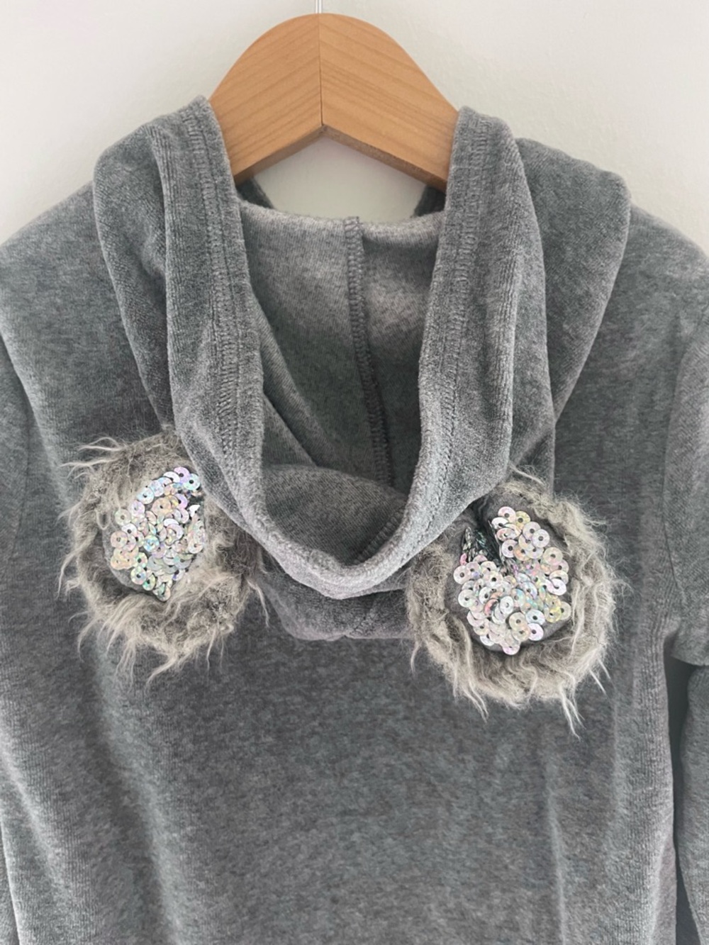 Sequin 3D Bear Ears Hoodie! Sequins on Ears, Pockets & Sleeves, Soft Gray Velour - Picture 2 of 14